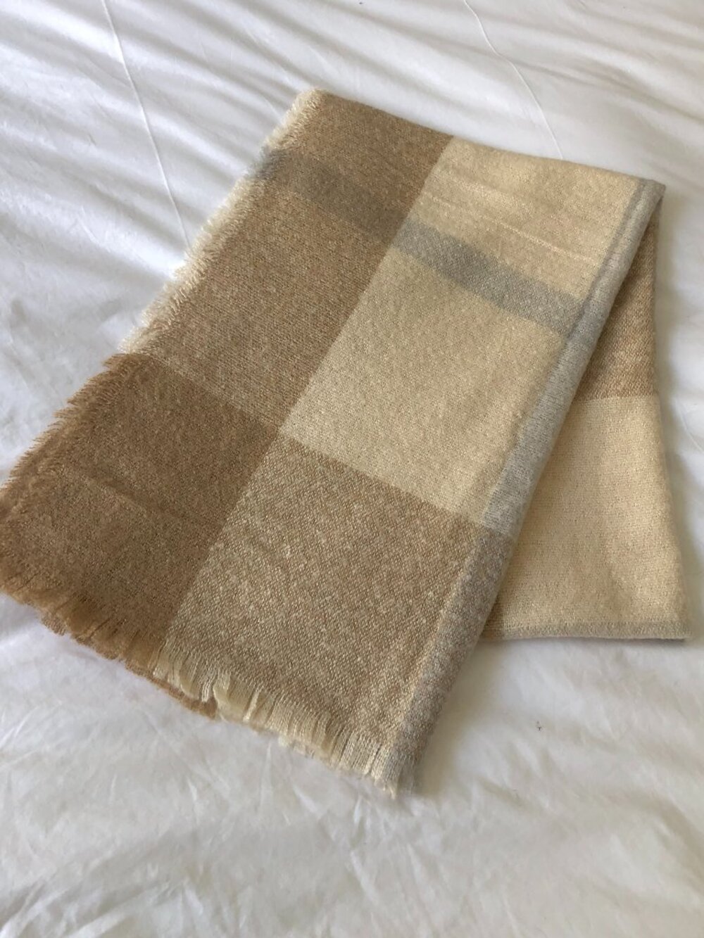 BCBG Generation Beige, Tan, Cream & Light Blue grey Plaid Fringed Scarf- OS